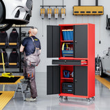 Yizosh Metal Garage Storage Cabinet with Locking Doors and Adjustable Shelves, Rolling Tool Storage Cabinet with 4 Wheels and 1 Drawer - 73" Steel Locking Cabinet for Garage, Warehouse (Red Black) Yizosh