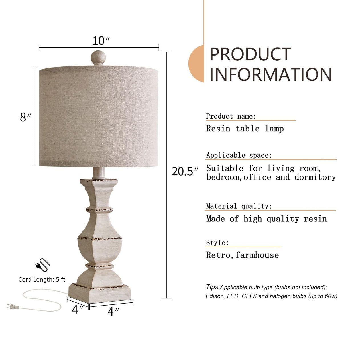 PoKat 20.5" Farmhouse Table Lamp, Vintage Bedside Lamps for Bedroom, Rustic Small End Table Lamps for Living Room, Traditional Nightstand Desk Lamps Distressed Washed White PoKat