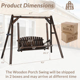 EPICOZY 2-Seat Porch Swing, Wooden Log Patio Swing Chair Bench with Stand, Rustic Hardwood Swing Chair with Curved Back, Wood Seating Porch Swings for Outside Yard, Garden, Deck, Poolside, Carbonized EPICOZY
