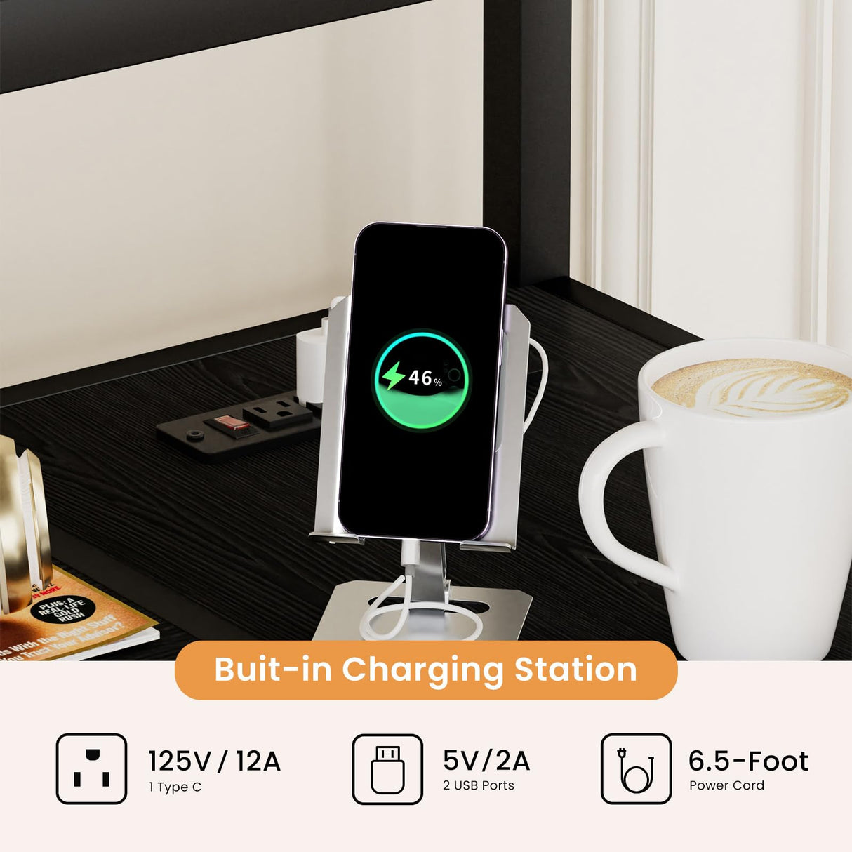 Full Size Loft Bed with L-shaped Desk, Metal LED Loft Bed Frame with Charging Cradle, Space-Saving Full Size Bed with One Cabinet Wardrobe and 2 Storage Drawers, Safety Rails and Ladder, Black FAROUCHE