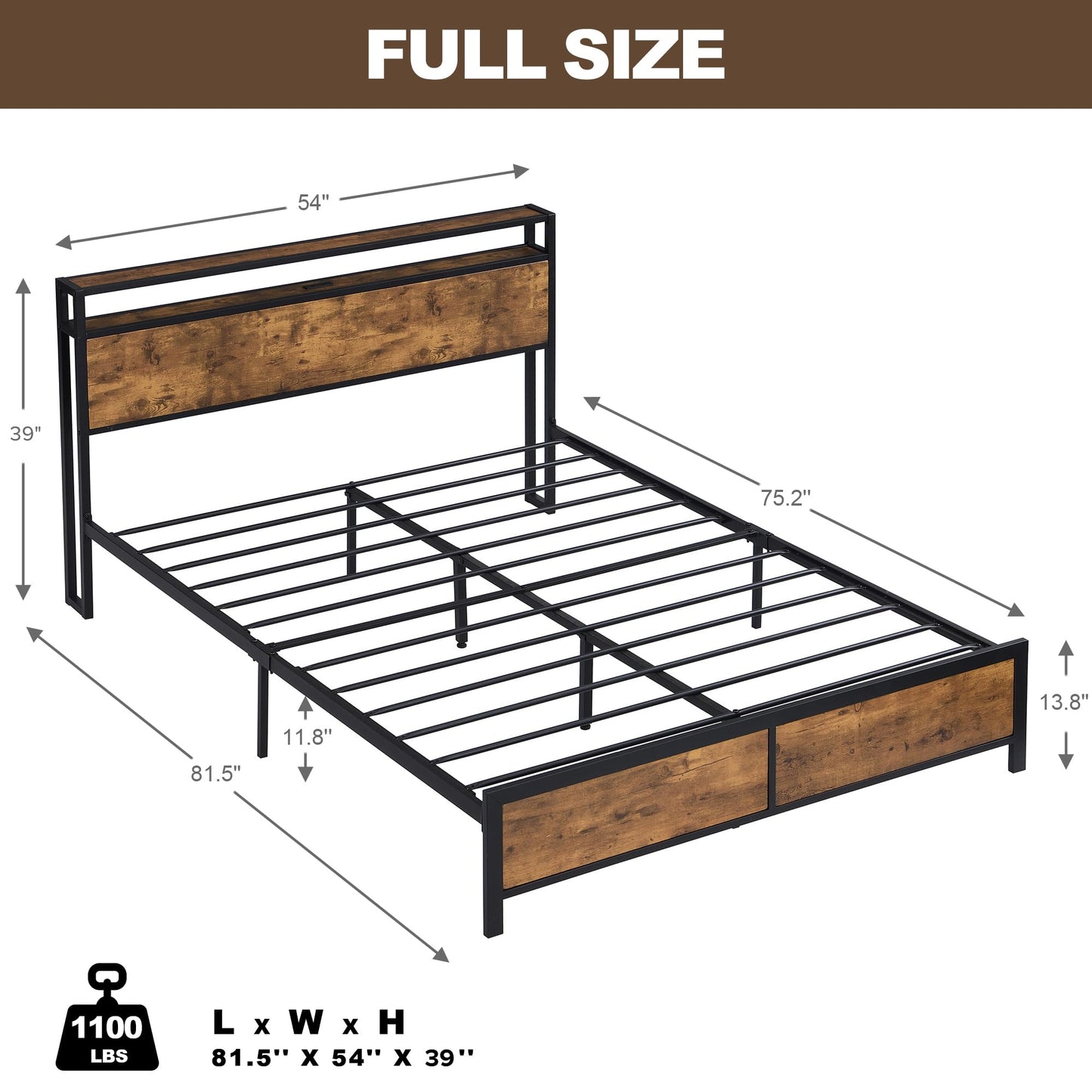 Modern Industrial Full Bed Frame with LED Lights and USB Ports - Stylish Rustic Brown Design with Storage Headboard and Under-Bed Space - WoodArtSupply