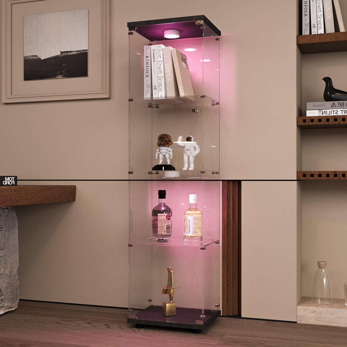 LFT HUIMEI2Y Glass Display Cabinet with LED Lights and Lock, 4-Shelf Curio Cabinets with Door, Tempered Glass Collection Display Showcase for Bedroom, Living Room 65”x 17”x 14.5” Black LFT HUIMEI2Y