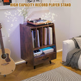 HedoAjim Large Record Player Stand with Vinyl Storage with LED Light, Turntable Stand with Drawer, Midcentury Record Player Table Holds Up to 200+ Albums, DVD Shelf for Music Room Living Room-Walnut HedoAjim