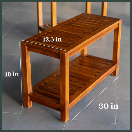 Teak Shower Bench - Fully Assembled 30 Inch Shower Bench with Shelf | Water Resistant Shower Benches for Inside Shower to Sit On | Wooden Shower Bench for Spa, Garden | Adjustable Non-Slip Feet The Teaky Hut