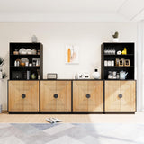 TUSY 4-Piece Large TV Stand with Bookshelves for TVs up to 75”, Wall Unit Entertainment Center with Doors, TV Cabinet for Living Room, Bedroom & Home Theater, Black TUSY