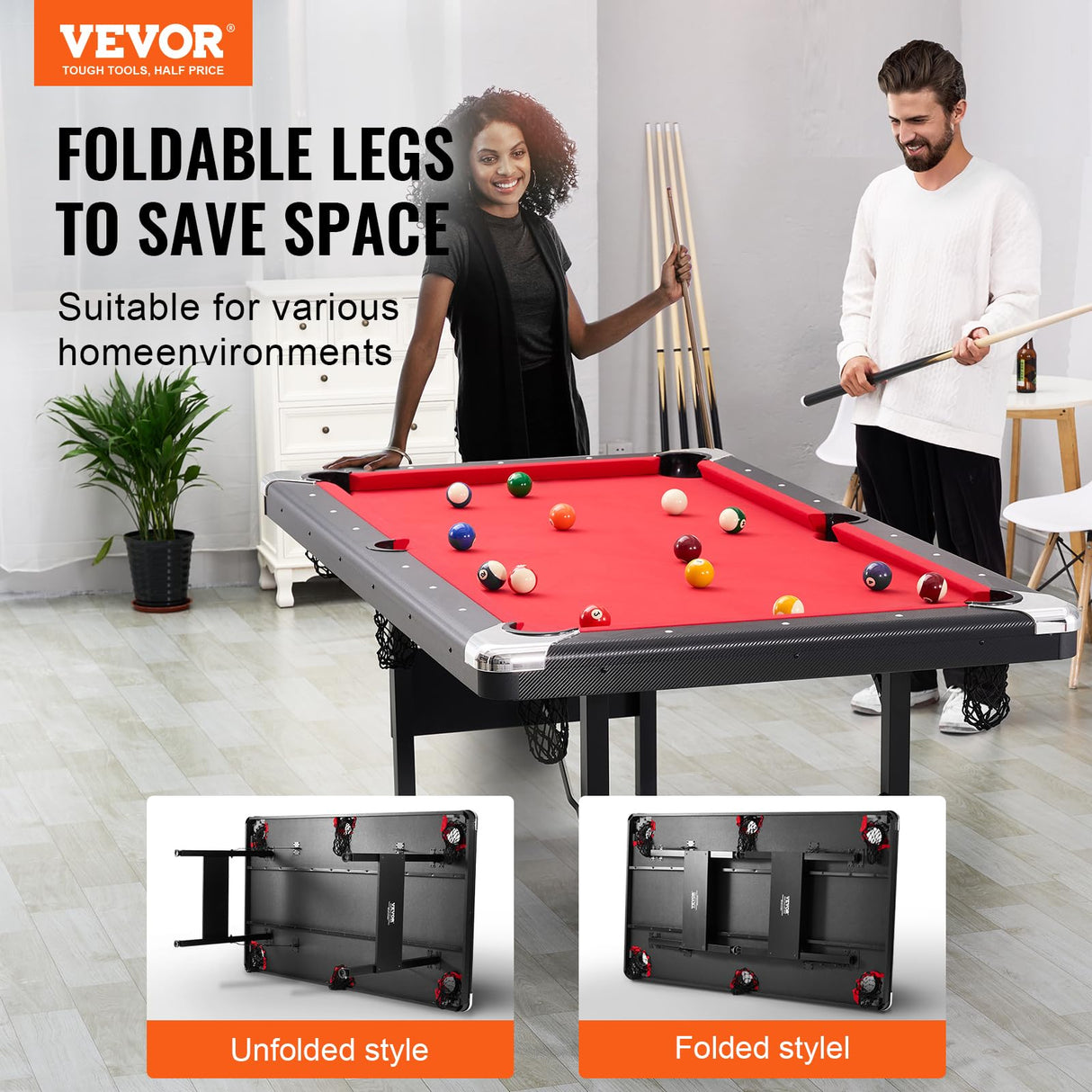 VEVOR Billiards Table, 6.3 ft Pool Table, Portable Foldable Space-Saving Table, Billiard Table Set Includes Balls, Cues, Chalks and Brush, Black with Red Cloth, Perfect for Family Game Room Kid Adult VEVOR