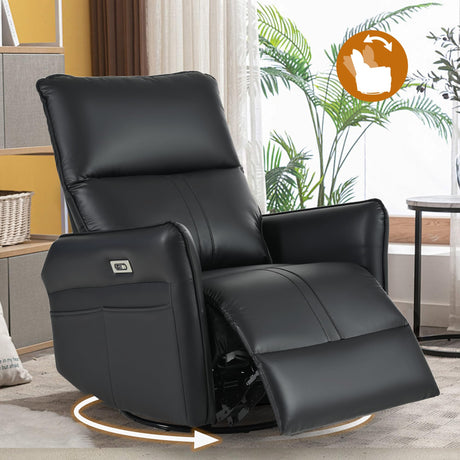 QicoFelix Power Swivel Rocker Recliner,Electric Glider Recliner Nursery Chair, Leather Electric Recliners with USB Ports for Living Room Bedroom (Black, Power) QicoFelix