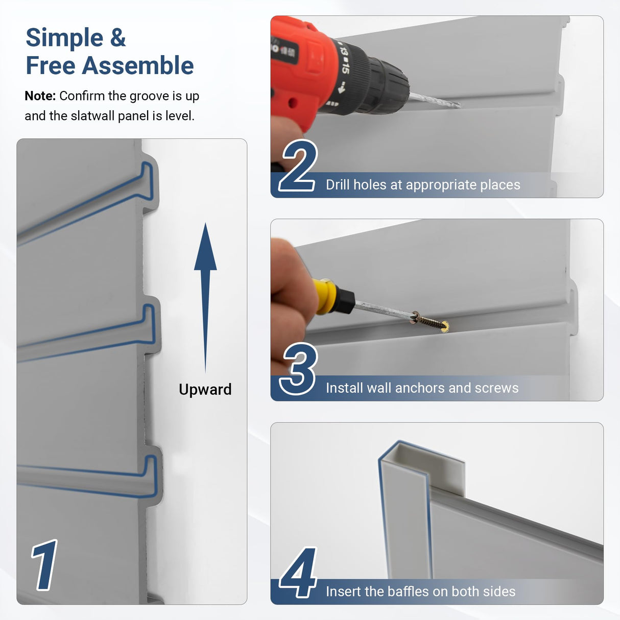 Neoaider Slatwall Panel 4 FT x 4 FT, Interlocking Slat Wall Paneling, Wall Mounted PVC Wallpanel, Suitable for Garage Storage and Organizer, Slatwall Board, Shelves - Grey Neoaider