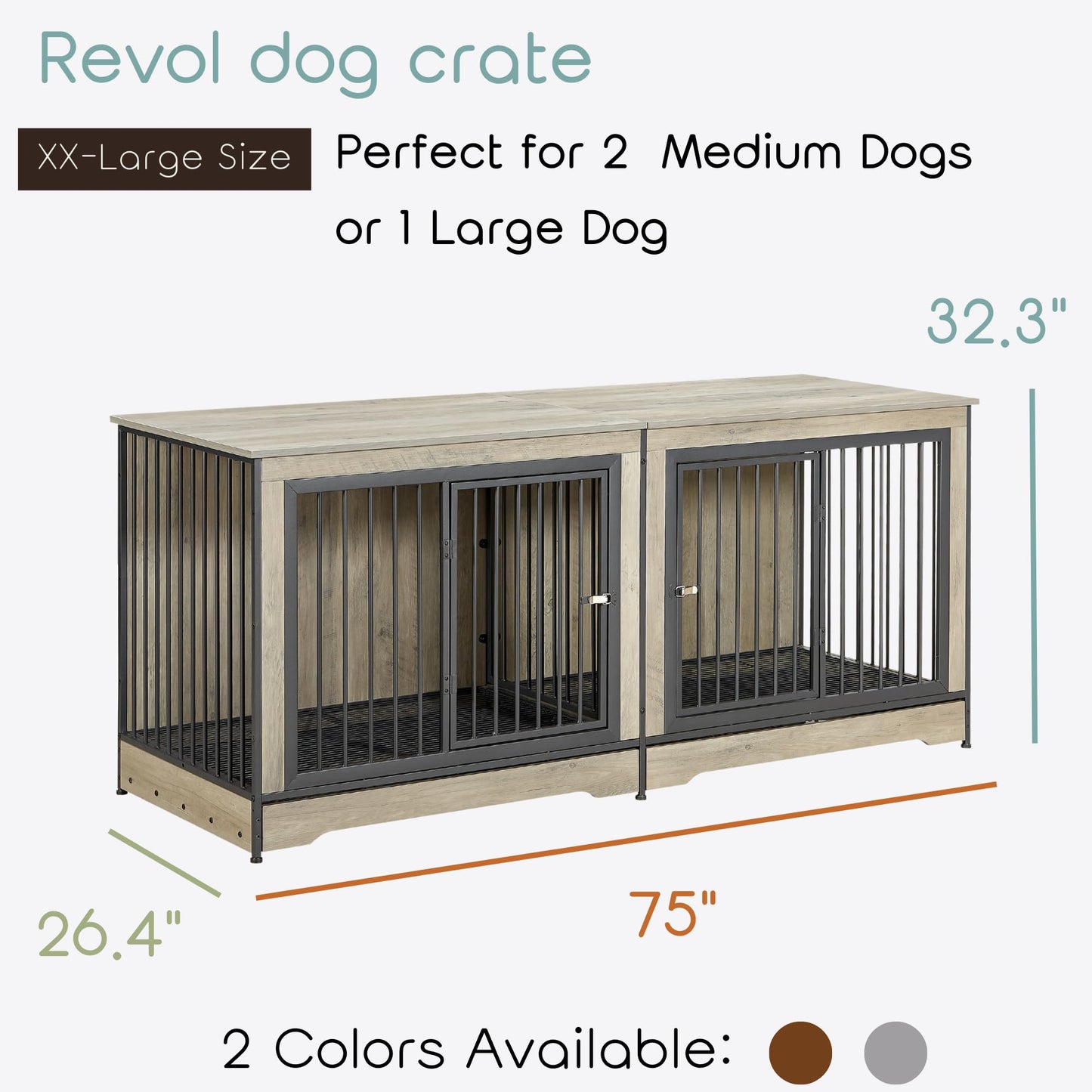 DOSSMBOLA 75'' Large Dog Crate Furniture for Large Dog or 2 Medium Dogs, Wooden Dog Kennel Dog Crate with Pull Out Tray and Removable Divider, TV Stand XXL Dog Cage - Gray - WoodArtSupply