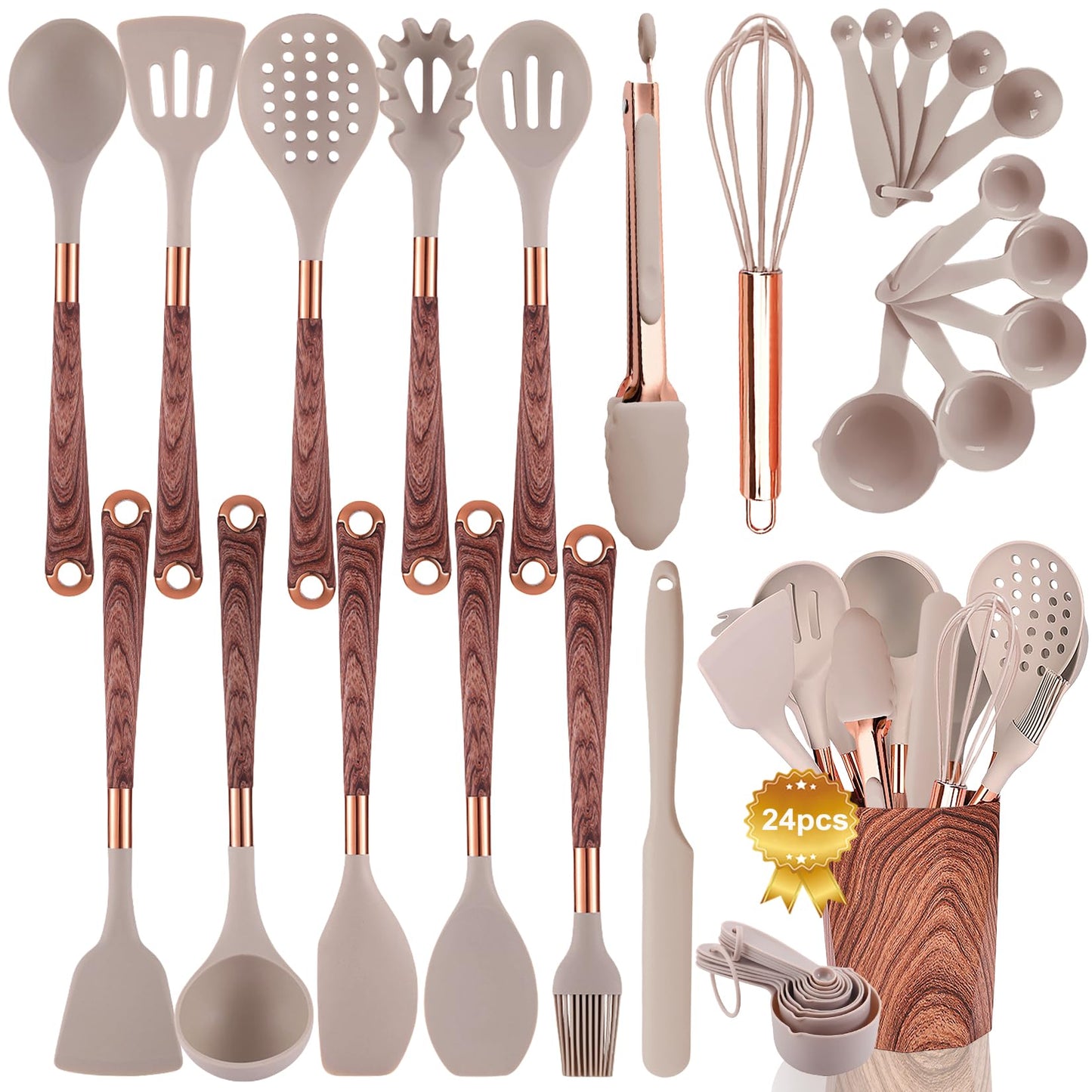 Silicone Kitchen Utensils Set with Holder- 24pcs Cooking Utensils Set, Wood Pattern Handle Silicone Utensils for Cooking with Food Safety Turner, Pasta Server, Skimmer, Ladle, Spoon, Tong, Whisk