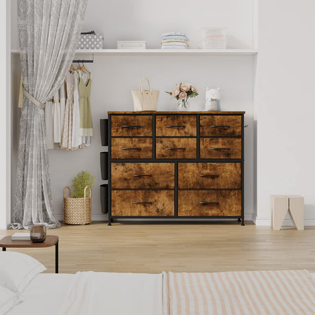 Dresser for Bedroom, 10 Drawers Fabric Storage Drawer, Dressers & Chest of Drawers with Side Pockets, Hooks, Wood Tabletop for Closet, Living Room, Hallway (Rustic Brown) Jojoka