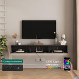 Floating TV Stand, Wall Mounted TV Shelf with LED Lights & Power Outlet, 68.8" Modern Entertainment Center Media Console with Storage with 3 Fluted Flip-Down Doors for Living Room,Bedroom(Black) GOSROMS