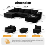 136" U Shaped Cloud Couch Sectional Modular Couch with Deep Seat, 6 Seater Corduroy Couches, Boneless Sofa with 2 Removable Ottomans, Sectional Couches for Living Room, No Assembly Required, Black MODNEST