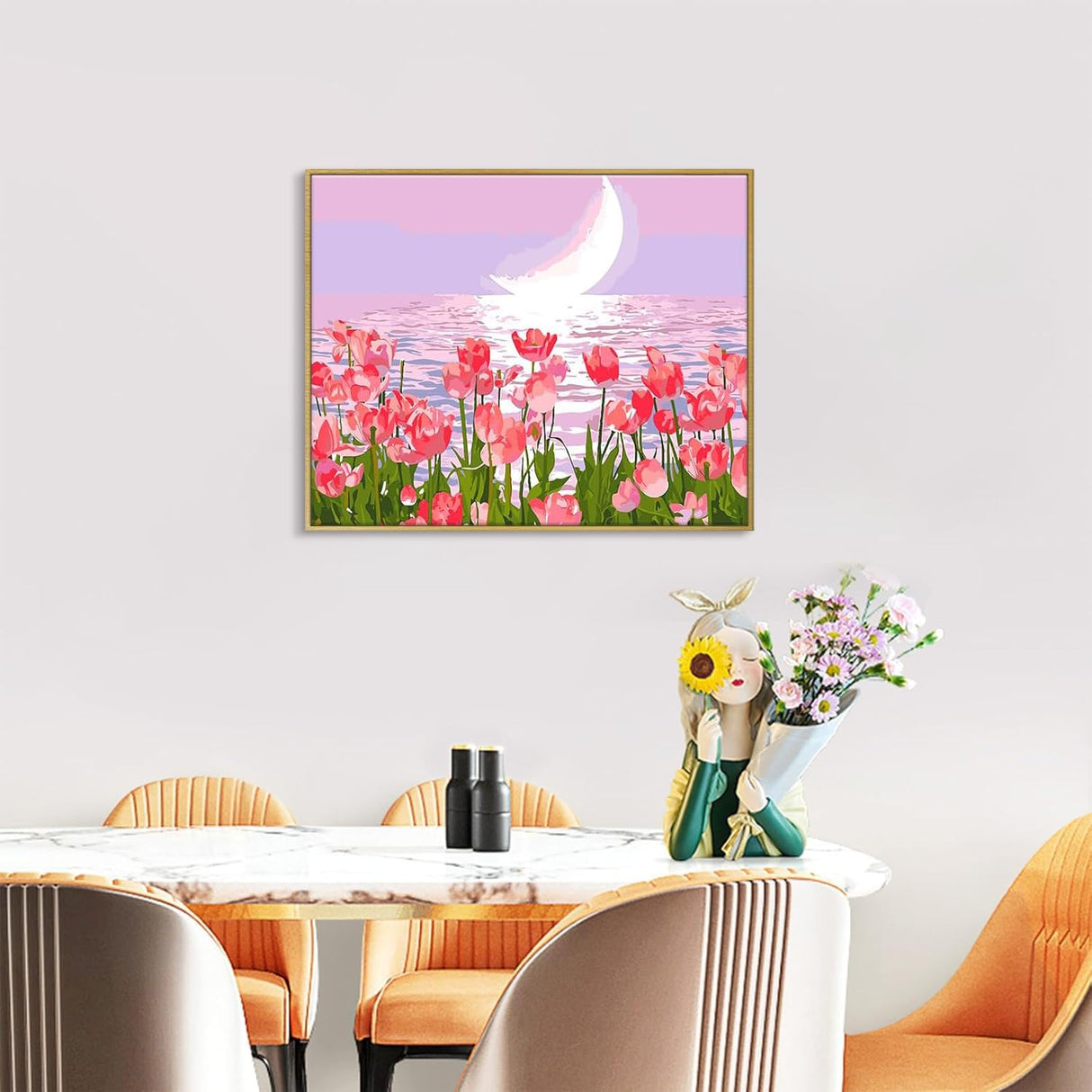 SANYUN Paint by Numbers Kit for Adults Beginners,Pink Tulips Painting by Numbers,Flowers & Moon Easy Acrylic on Canvas, Suitable for Home Wall Decor and Gifts 20x16inch SANYUN