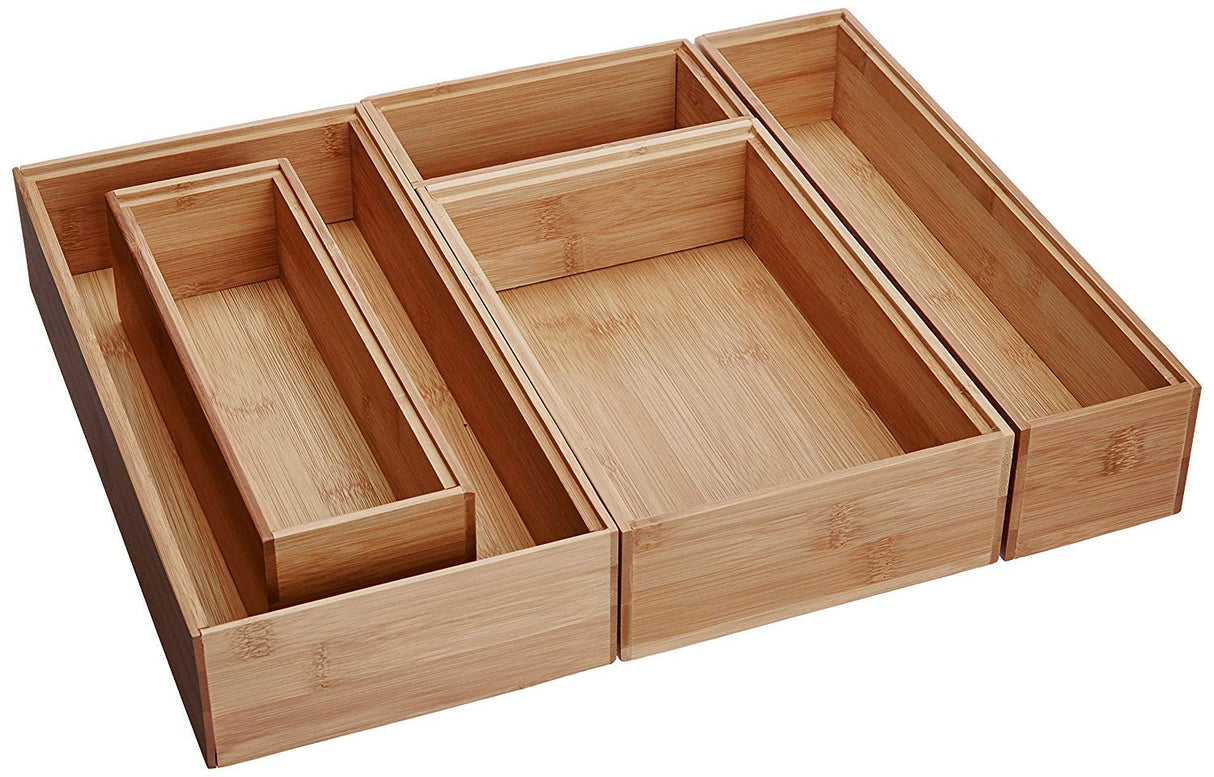 Lipper International 88005 Bamboo Wood Drawer Organizer Boxes, Assorted Sizes, 5-Piece Set Lipper International