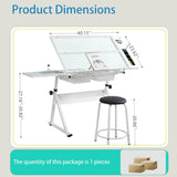 Adjustable Drafting Table for Adults Professional Art Table 2 Storage Drawers Height Adjustable Home Office Reading Painting Tempered Glass Top Modern White Design Doeqkue