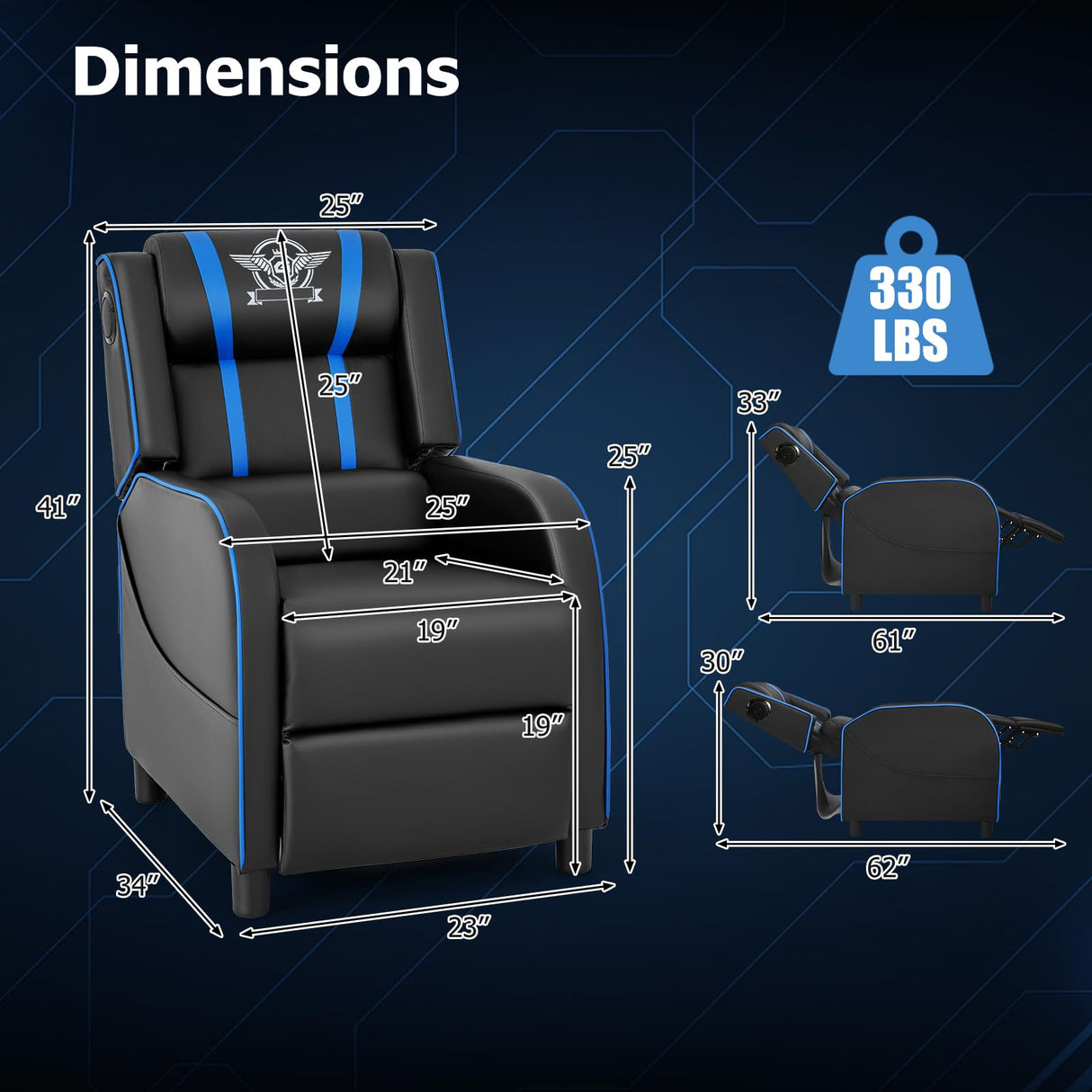 Giantex Gaming Massage Recliner Chair - Racing Style Gaming Sofa Chair with Reclining Backrest, Massage Lumbar Pillow, Retractable Footrest, Home Theater Seating with Bluetooth Speaker (Blue) Giantex