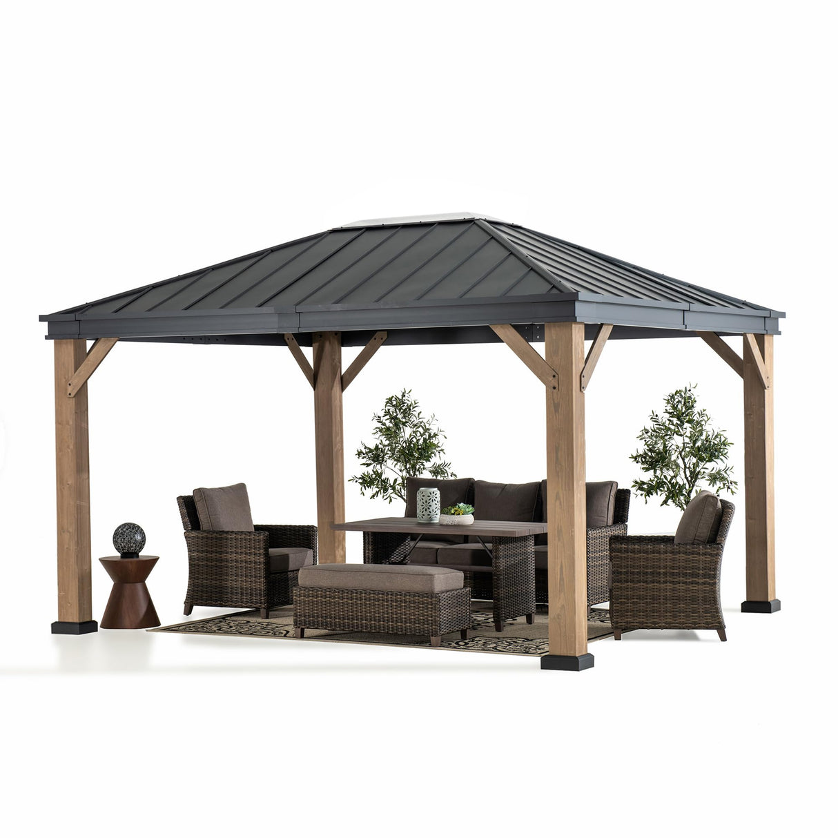 Sunjoy 11 x 13 ft. Hardtop Gazebo Outdoor Black Steel Gazebo with Skylight for Patio, Garden and Backyard Activities, Black Sunjoy