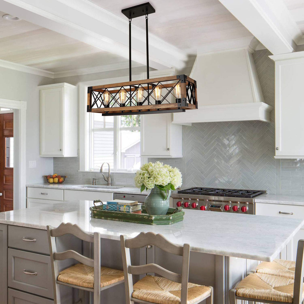 Giluta Rectangle Wood Chandelier Farmhouse Style Dining Room Kitchen Lighting Fixtures, 5 Lights Ceiling Hanging Pendant Lighting UL Listed Giluta