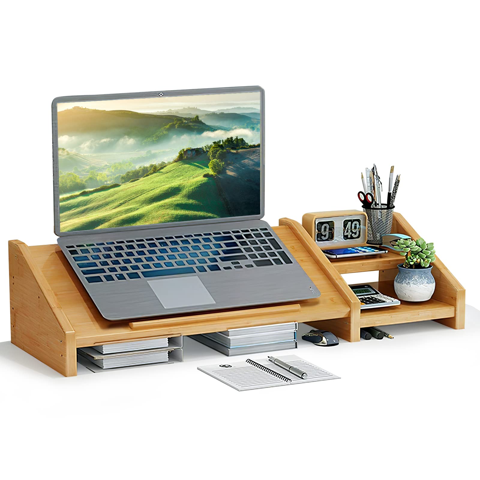 Ufine Bamboo Laptop Stand for Desk 3 Heights Adjustable Notebook Stand Computer Monitor Riser with 2 Tier Storage Shelf, Desktop Organizer Printer Stand for Home Office - WoodArtSupply