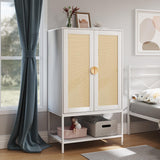 MtuxuYR Wardrobe Closet with Natural Rattan Doors Bedroom Armoires Closet Wardrobe Closets with Metal Frame Wooden Wardrobe Closet for Apartment Small Armoire for Office(White) MtuxuYR