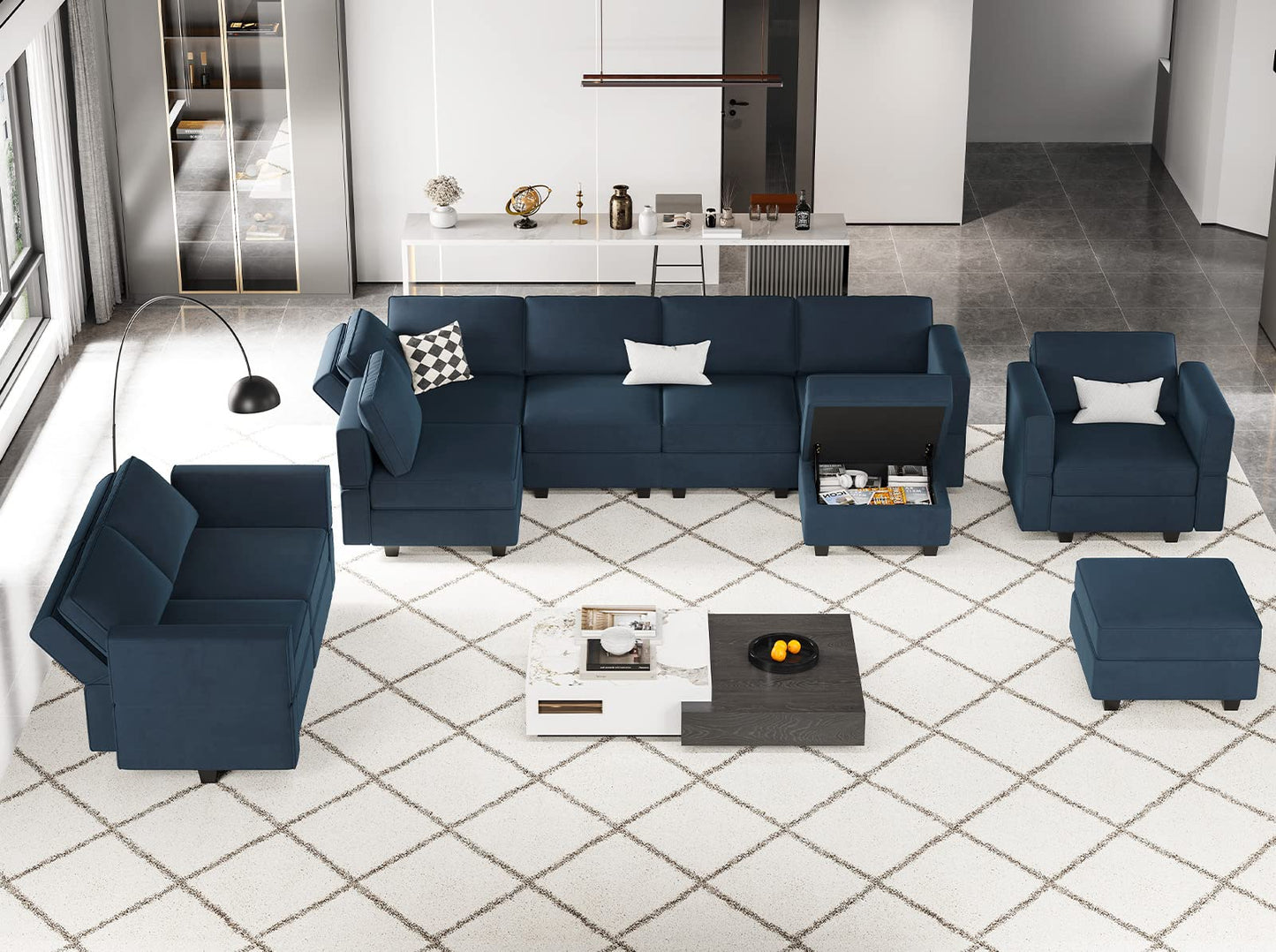 Belffin Modular Sectional Sofa with Ottomans Velvet Reversible Sleeper Sectional Sofa with Chaise Modular Sleeper Sofa Bed with Storage Seat Blue