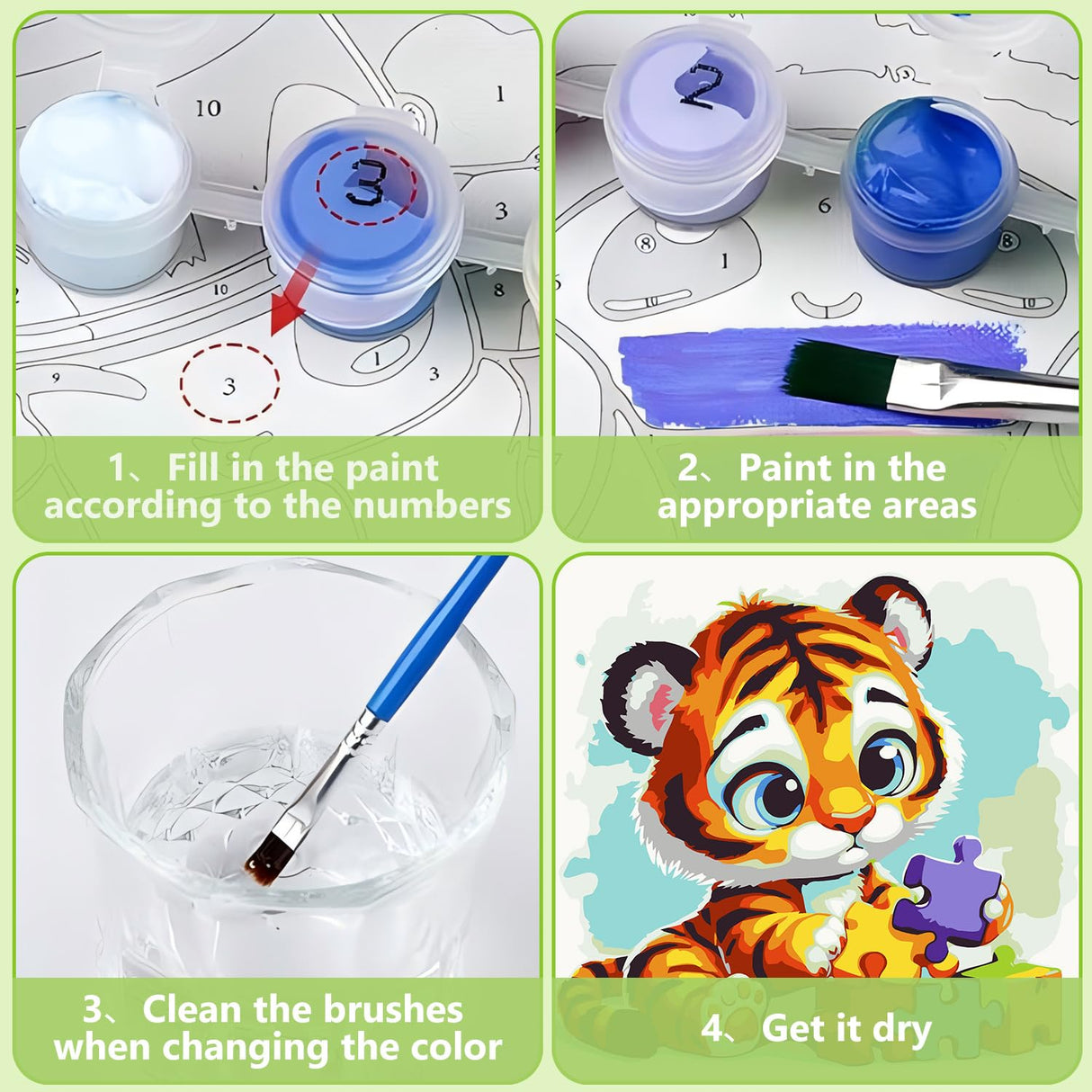 Reivworl Tiger Paint by Numbers Kit for Kids, Tiger Paint by Number with Frame and Easel, Paint by Number Kids Age 5-8-12 for Gifts and Decor (8X8 Inch) Reivworl