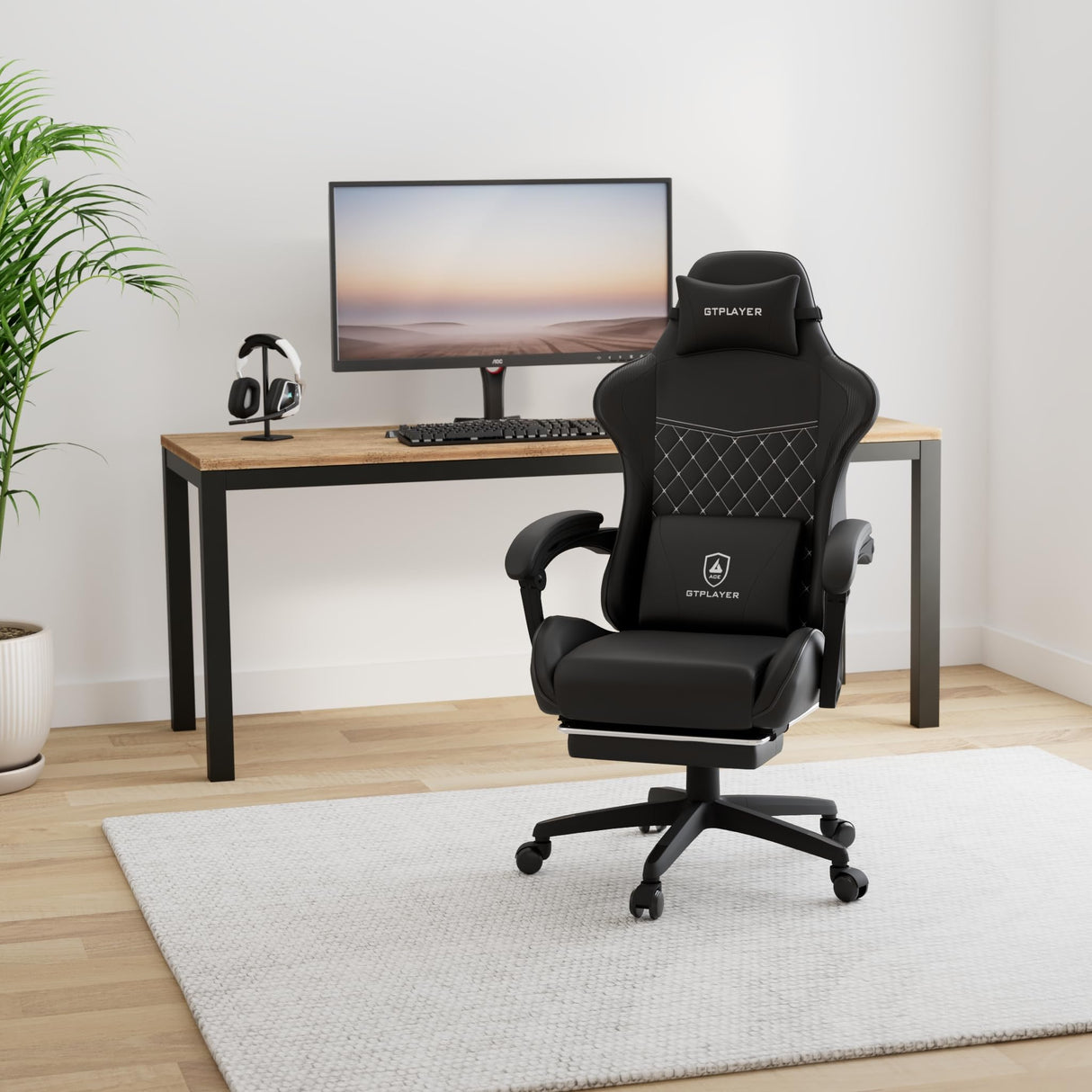 GTPLAYER Gaming Chair, High Back Leather Computer Gaming Chair with Footrest, Ergonomic Height Adjustable Office Chair with Removable Cover and Lumbar Support for Gaming and Work (Black) GTPLAYER