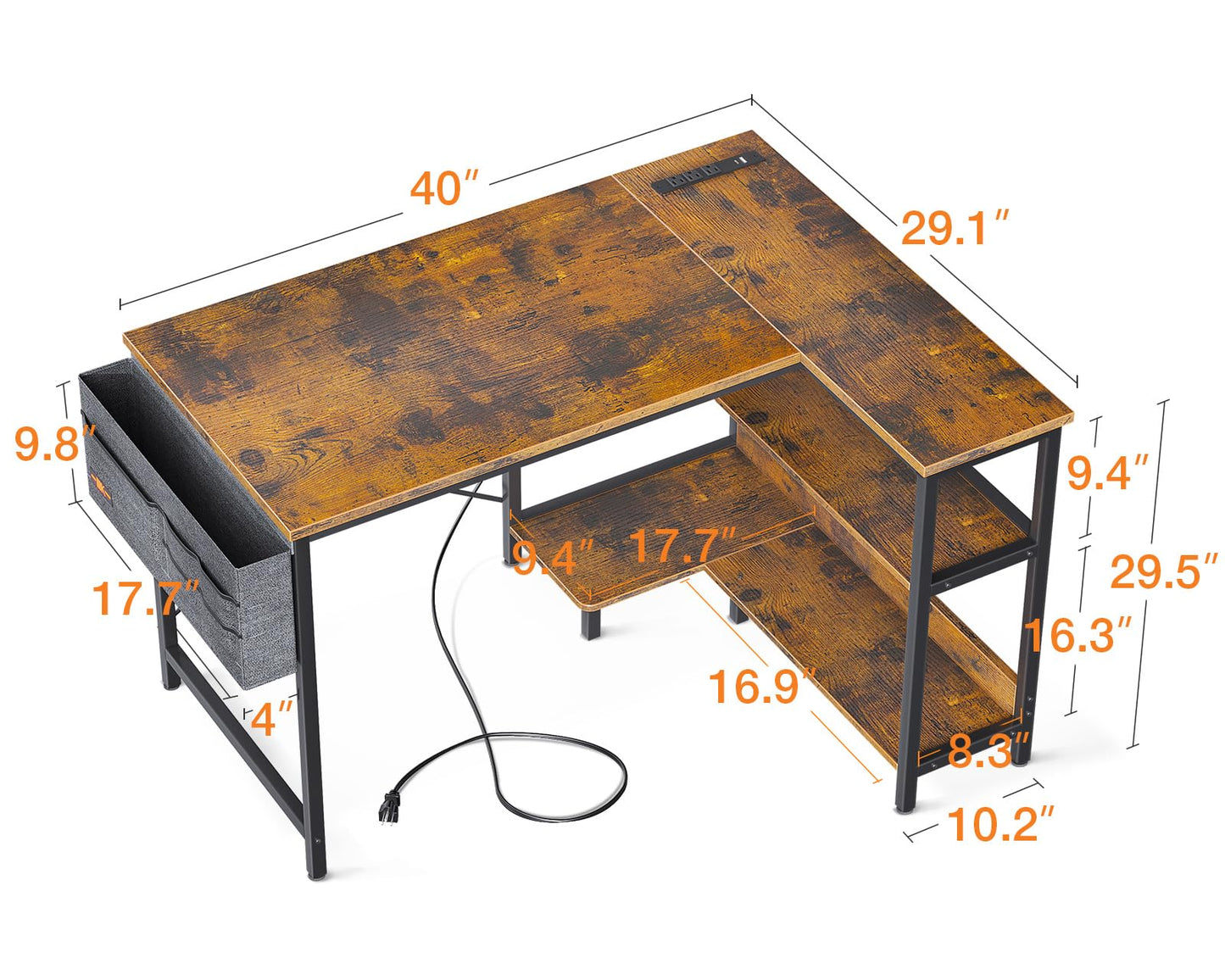 ODK 40 Inch Small L Shaped Gaming Computer Desk with Power Outlets, Reversible Storage Shelves & PC Stand, Modern Simple Writing Study Table with Storage Bag for Small Space, Vintage