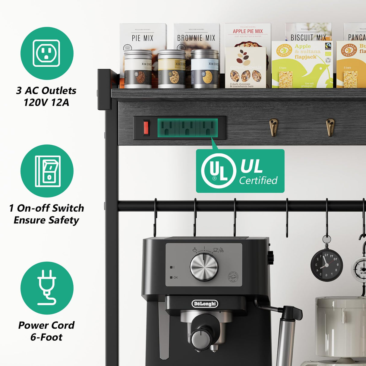 Kalrin 38.8 Inch Grey Oak Bakers Rack with Power Outlets and Hooks Kalrin