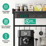 Kalrin 38.8 Inch Grey Oak Bakers Rack with Power Outlets and Hooks Kalrin