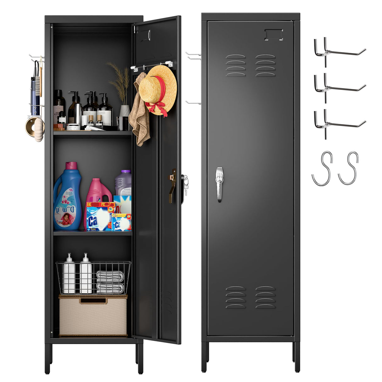 SUXXAN 54" H Metal Storage Locker, Metal Cabinet with Lockable Door & Towel Rack & 2 Side Pegboards with Hooks for Home School Office Gym Bedroom, Assembly Required(Black) SUXXAN