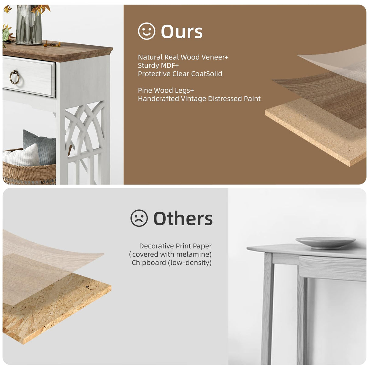 funitydg,43" Console Tables for Entryway with Drawers, Farmhouse Entryway Table with Shelf, Narrow Long Entry Table with Solid Wood Legs, Rustic Vintage Sofa Foyer Tables for Entryway, White funitydg