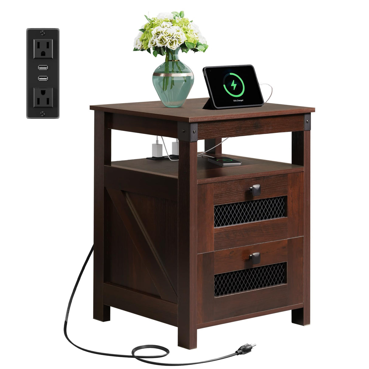 WLIVE Nightstand with Charging Station, Farmhouse End Table, Side Table with 2 Mesh Drawers Storage & Open Shelf, Rustic Wooden Cabinet Night Stand for Living Room, Bedroom, Espresso WLIVE