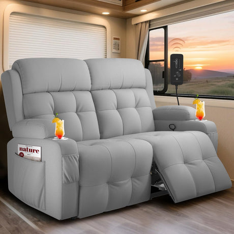 RV Loveseat Recliner Sofa, Oversized Massage Wall Hugger Recliner Couch with Side Pockets, Cup Holders, Reclining Sleeper, 150° Adjustable Recline & Padded Armrests, for RV (Light Gray, Loveseat) Tiooii