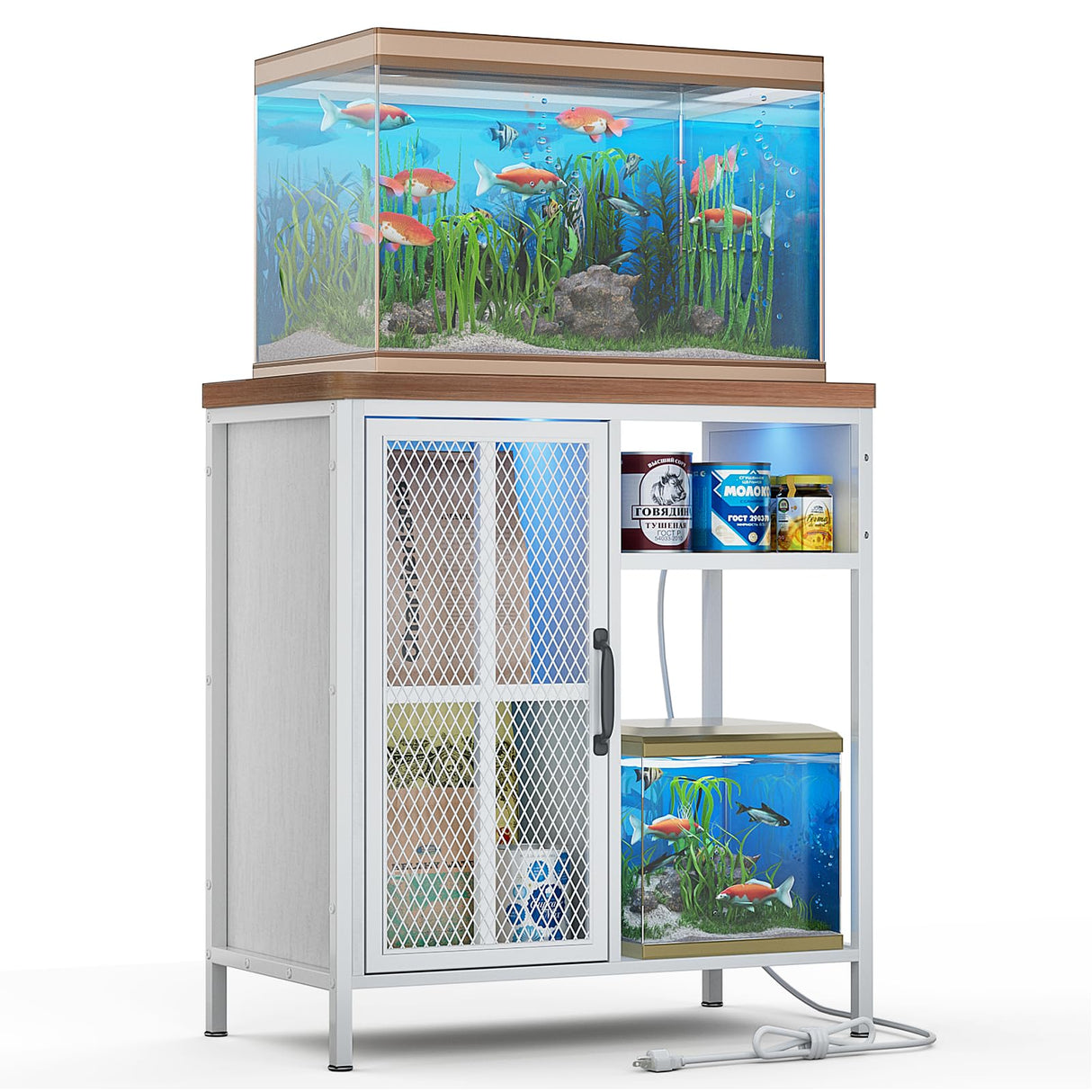 HAIOOU 20-29 Gallon Aquarium Stand with LED Light & Power Outlets, Cross Design Metal Frame Fish Tank Stand Aquarium Table with Cabinet Storage for Turtle Tank Reptile Terrarium, 360LBS Loads - White HAIOOU