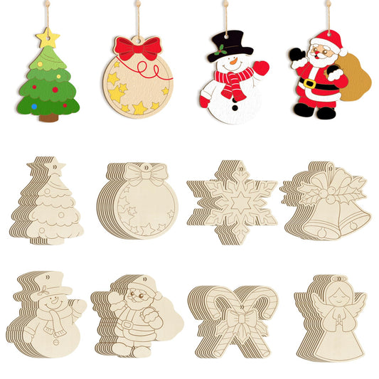 80PCS Wooden Christmas Ornaments to Paint, 8 Styles DIY Blank Unfinished Wood Reindeer Santa Claus Christmas Tree Ball Snowman Snowflake Angel Cutouts Ornament for Crafts Winter Hanging Decorations