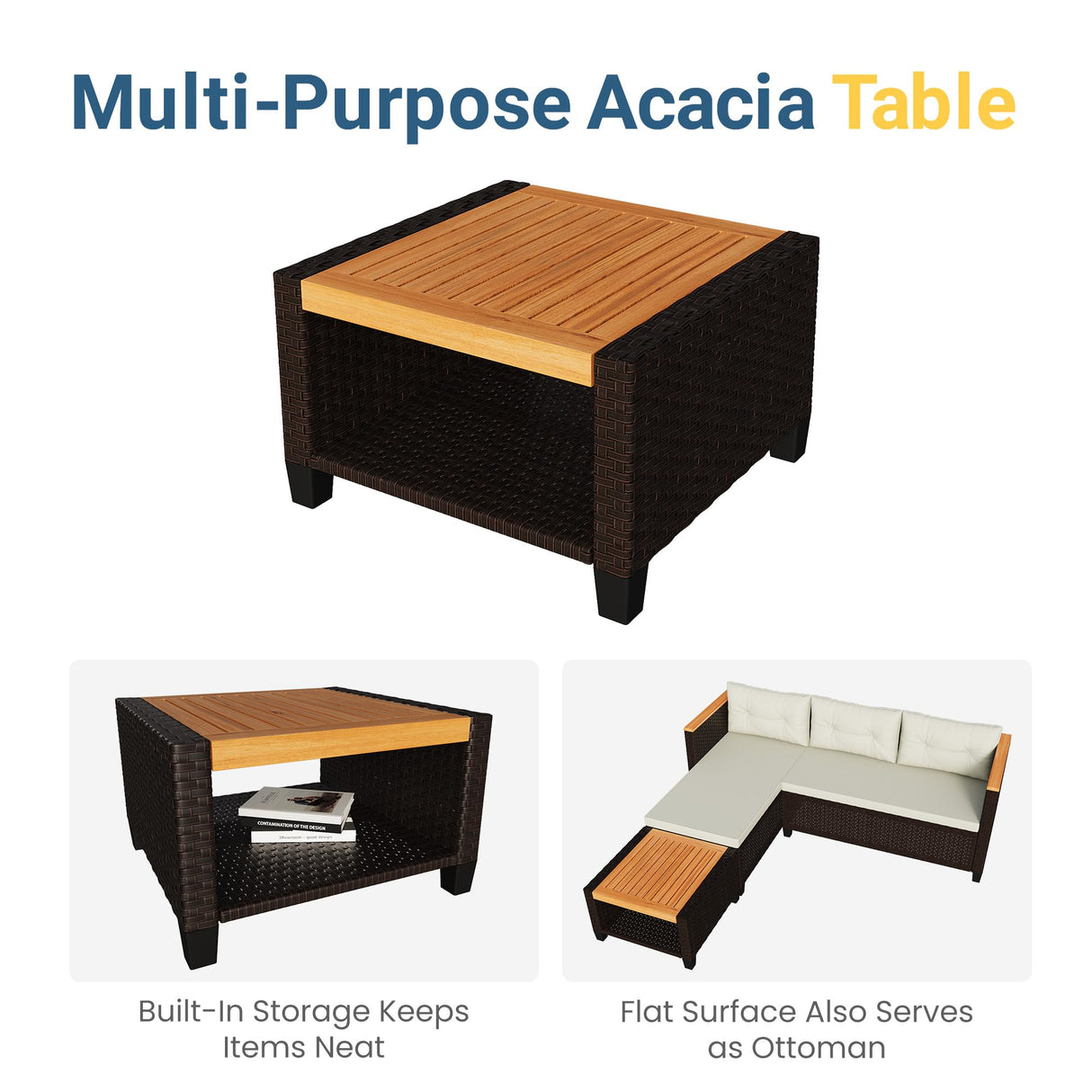 Green4ever 3-Piece Outdoor Patio Furniture Set, All-Weather PE Rattan Patio Sofa with Storage Table, L Shaped Outdoor Couch with Cushions, Small Patio Sectional for Balcony Garden, Beige Green4ever