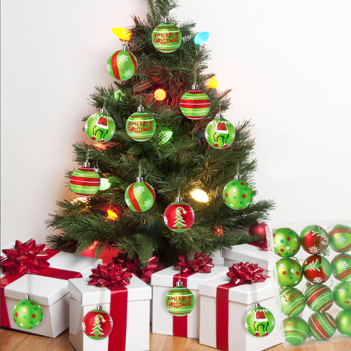 Wninbu 12 Pcs 2.4 Inch Christmas Ball Ornaments for Tree,Red and Green Glittering Hanging Bulbs Pendants for Christmas Tree Decorations Wninbu