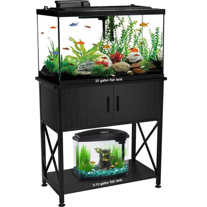 20 Gallon Fish Tank Stand, Metal Aquarium Stand 20 Gallon with Cabinet Storage,28.7" L*16.5" W Tabletop,330LBS Capacity Black