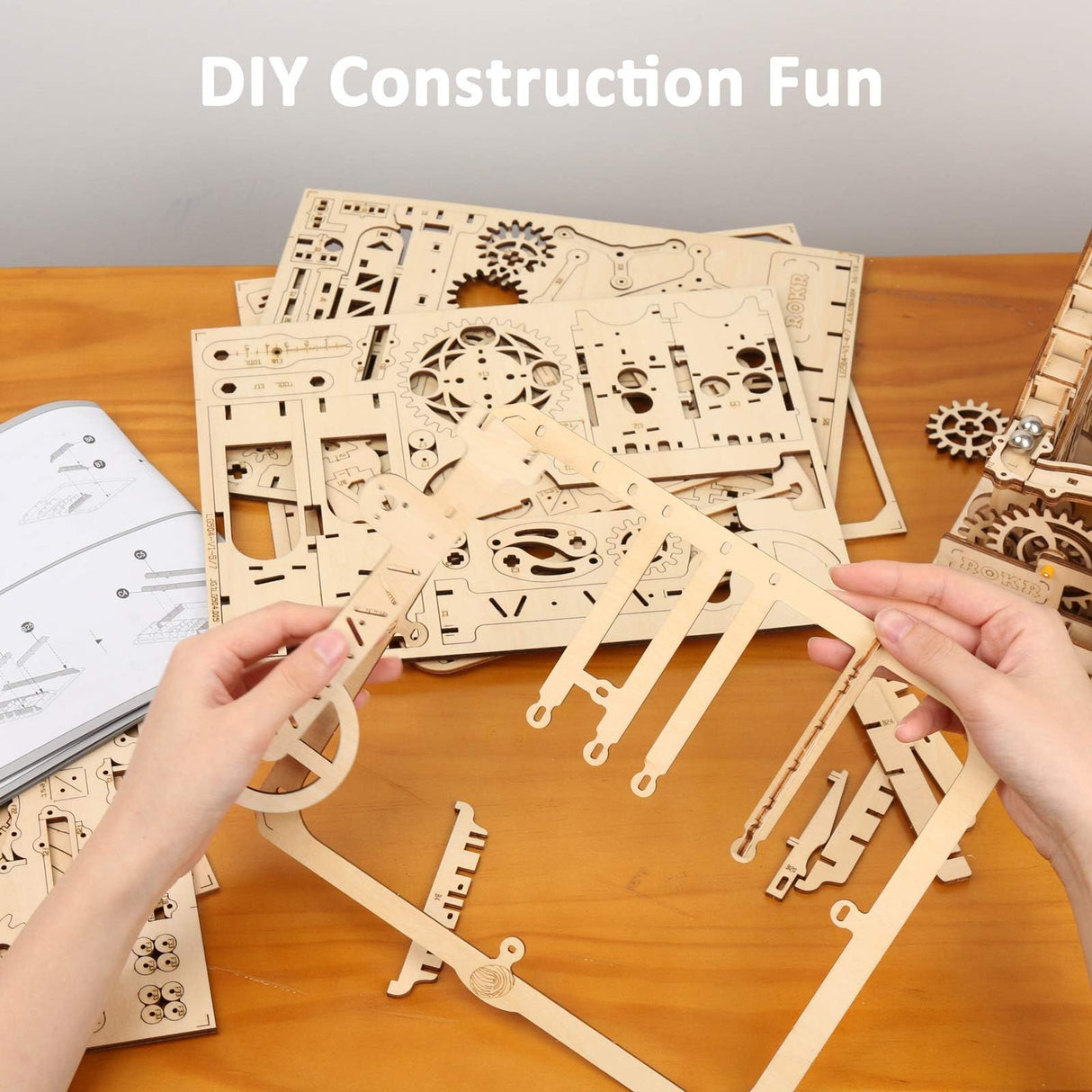 ROKR 3D Wooden Puzzles Marble Run Set - Mechanical Model Kit for Adults DIY Roller Coaster Toys Gifts for Boys/Girls (Marble Channel) ROKR