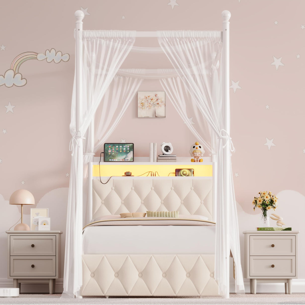 HIFIT Set of 2 Kids Twin Upholstered LED Canopy Bed Frame with Charging Station & Storage Drawer, Button Tufted Storage Headboard w/Bookshelf, Two-Use Girls Platform Bed frame w/4 Removable Post,Beige HIFIT