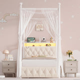 HIFIT Set of 2 Kids Twin Upholstered LED Canopy Bed Frame with Charging Station & Storage Drawer, Button Tufted Storage Headboard w/Bookshelf, Two-Use Girls Platform Bed frame w/4 Removable Post,Beige HIFIT