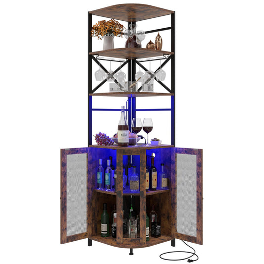 Aufvolr Wine Bar Cabinet with Power Outlet, 6-Tiers Industrial Wine Cabinet with LED Light and Glass Holder, Corner Wine Cabinet with Adjustable Shelf, Liquor Cabinet Bar for Christmas