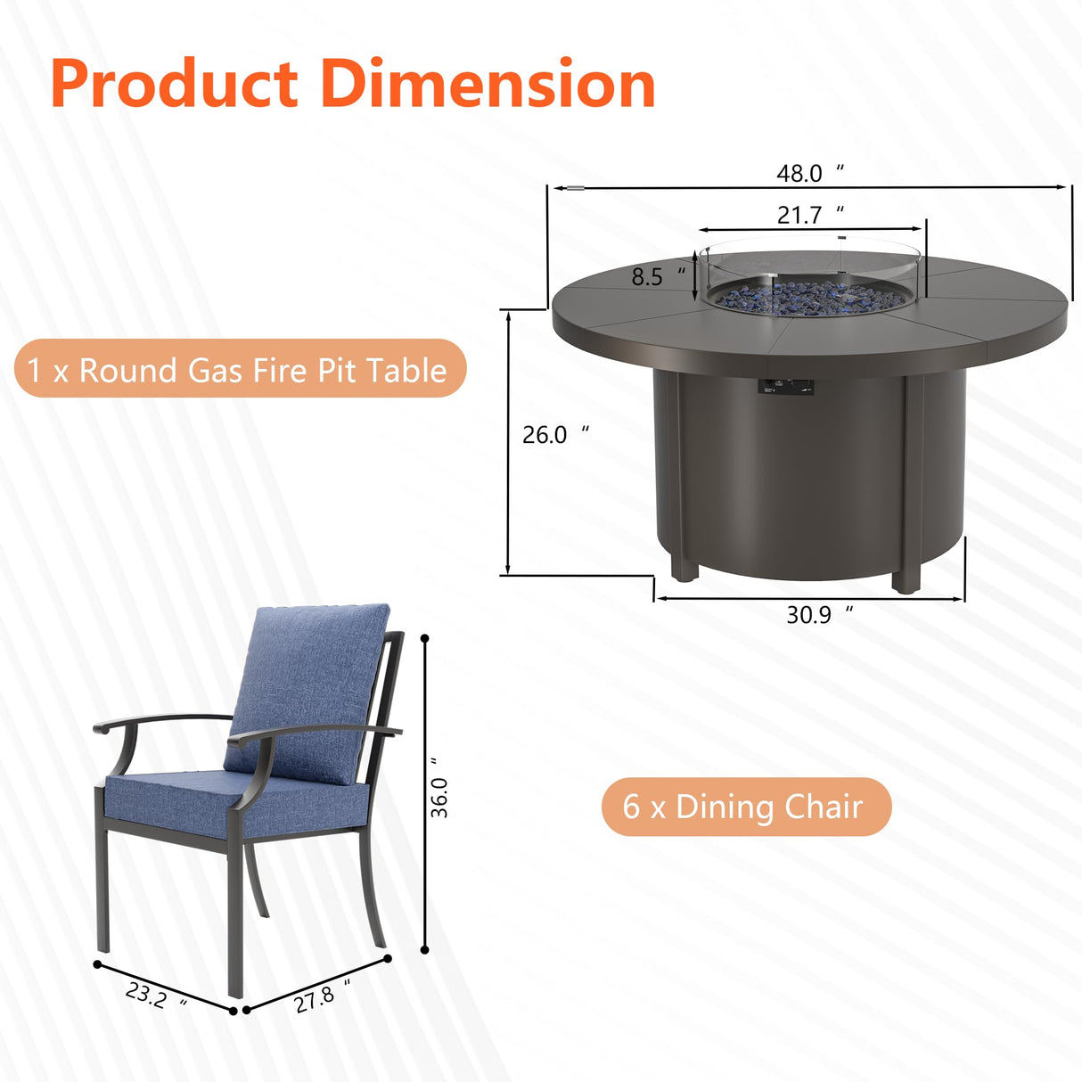 RTDTD 7 Pieces Patio Furniture Set with Round Fire Pit Table, Outdoor Conversation Sets 6 Chairs with Upgrade Cushions for Patio, Backyard Dark Blue RTDTD