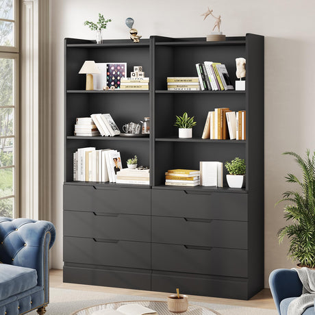 DICTAC Bookcase Set of 2 with 3 Drawers 73.23'' Bookshelf Storage Cabinets with Shelves and Drawers Kitchen Pantry with Microwave Stand,Storage Organizer for Living Room,Office,Study,Bathroom DICTAC