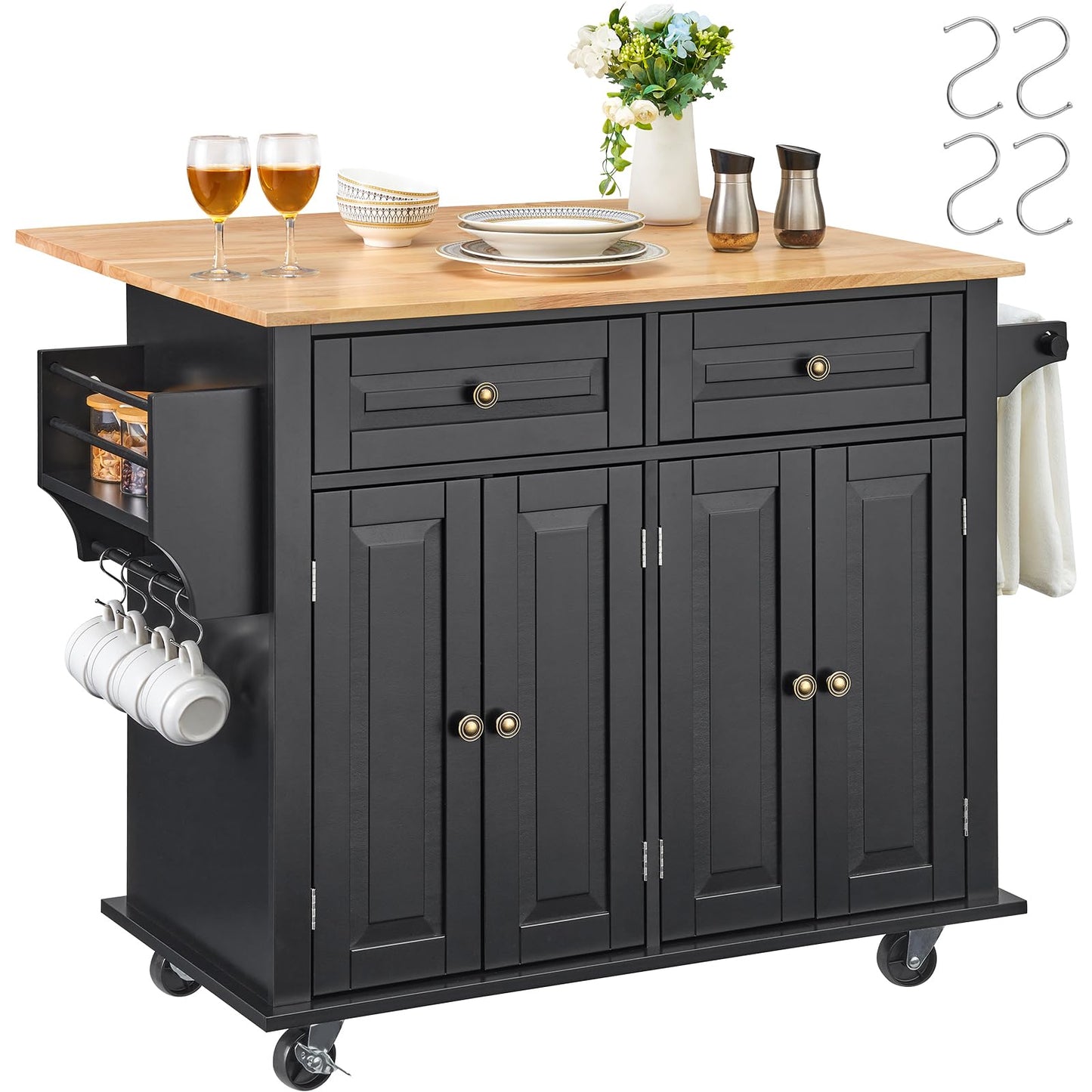 VEVOR Kitchen Island Cart, 35" Wood Top Mobile Carts with Storage Cabinet, Rolling Table with Drop Leaf, Spice Rack, Towel Bar, Adjustable Shelf, Drawer, and Hooks, Portable Islands on Wheels, Black