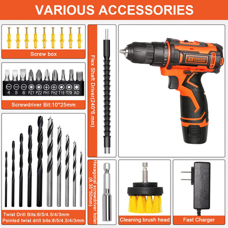 12v Drill Driver Set,Cordless Drill with Battery and Charger,LED Tools Kit,25+1 Torque Setting and 43pcs Bits BIHOO
