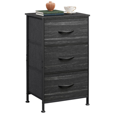 WLIVE Nightstand with 3 Drawers, Fabric Dresser, Organizer Unit, Storage Dresser for Bedroom, Hallway, Entryway, Closets, Steel Frame, Wood Top, Easy Pull Handle, Charcoal Black Wood Grain Print WLIVE