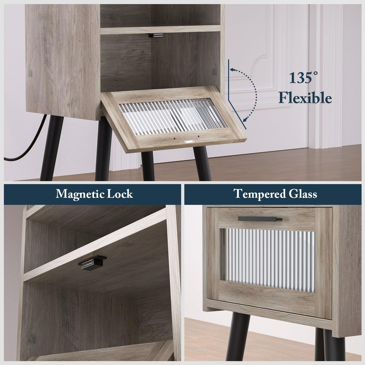 HAIOOU Set of 2 Mid Century Nightstand with Charging Station, Mid Century LED Light Modern End Table with Drawer, Glass Door, Open Shelf, Small Side Table Pine Wood Legs for Home Bedroom Living Room HAIOOU